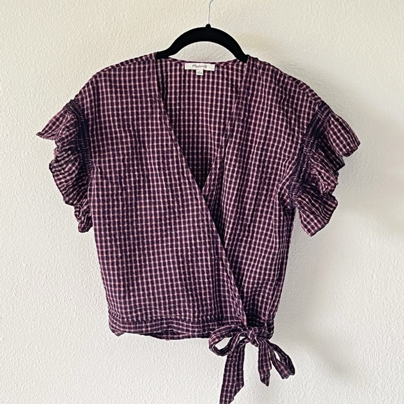 MADEWELL Flutter Sleeve Side Tie Plaid Wrap Summer Top Size Small - Picture 2 of 11